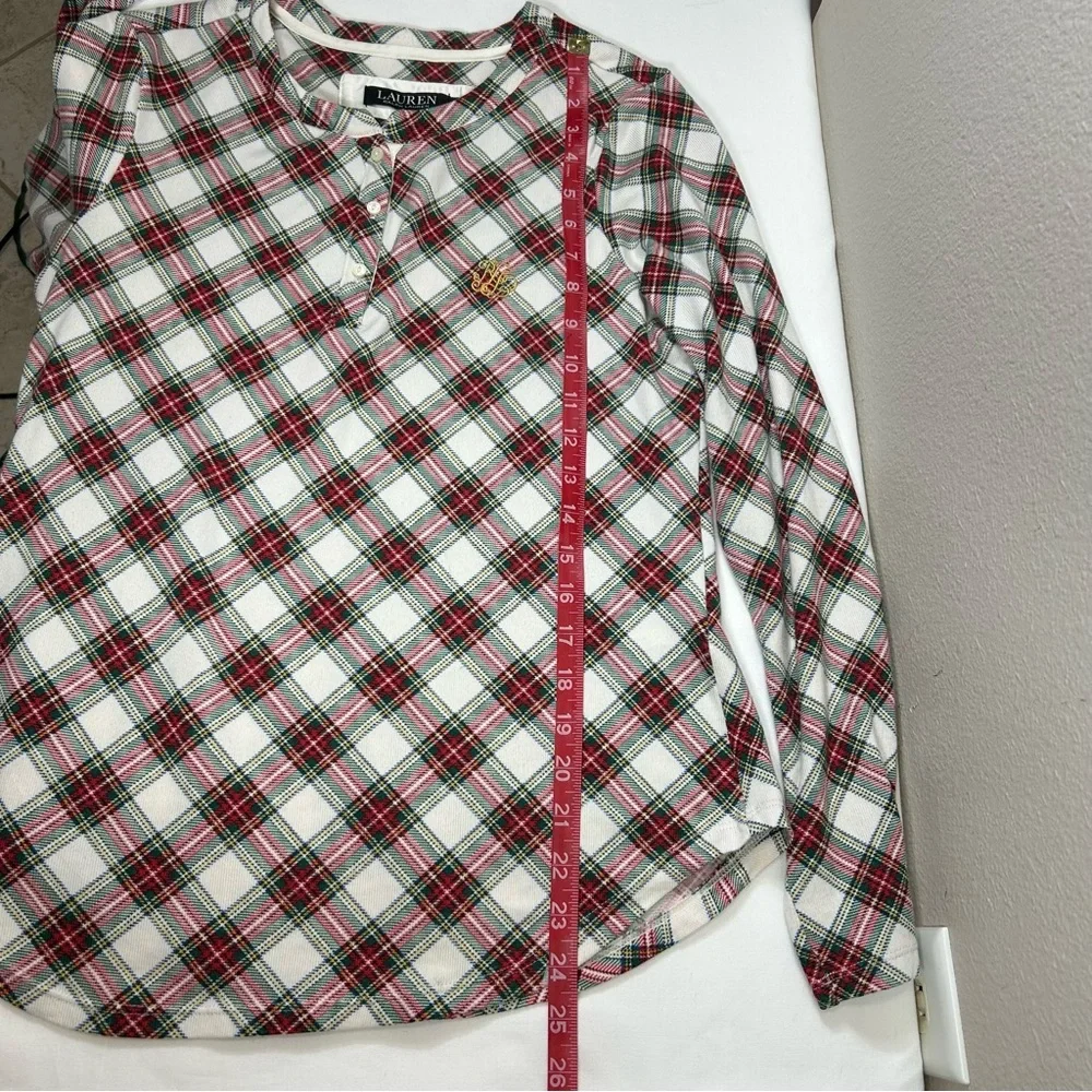 Lauren Ralph Lauren Stretchy Poly White Red Green Plaid Holidays Pajama Set S
